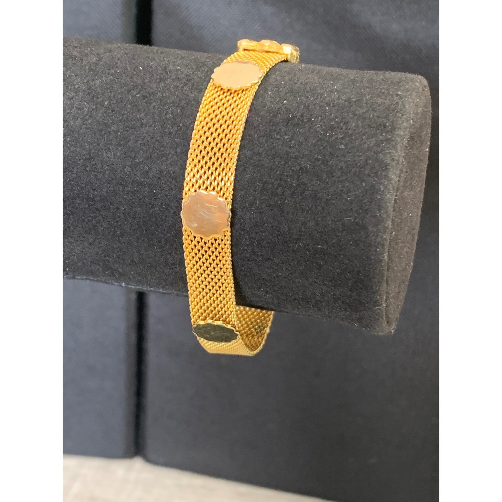 Vintage‎ Gold Tone Mesh Bracelet Scalloped Disc Accents 7 Inch Woven Link